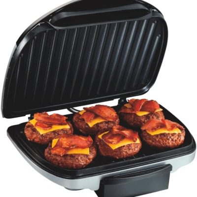 Electric Indoor Grill With Floating Hinge For Thicker Food | Large 90 sq. in. PFAS-Free Non-Stick Cooking Surface Fors 6 Burgers | Easy Clean Plates | 1200 Watts | Silver