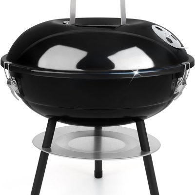 14 inch Charcoal Grill, Joyfair Small Portable Camping BBQ Kettle Grill | Outdoor Mini Barbecue Grill With Locking Lid for Patio/Tabletop/Tailgates Cooking Grilling, Enamel Coated & Dual Vent System