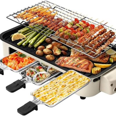 2-in-1 Electric Indoor Grill Non-Stick Cooking Plate, Beige  | 1500W Smokeless Korean BBQ Griddle with, 3 Raclette Cheese Pans, Adjustable Temperature Control, Dishwasher Safe