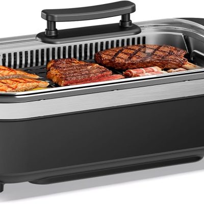 Electric Smokeless Indoor Grill & Griddle, Nonstick Contact Grill, Dishwasher Safe Parts, 6-Level Temperature Control with Auto Shut-Off, for Kitchen, Apartment, Indoor Cooking
