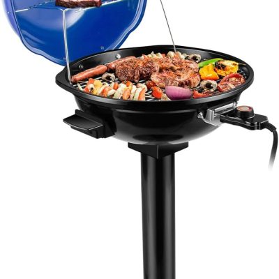 Electric Grill,  Indoor/Outdoor Electric BBQ Grill, 1600W Portable Removable Stand Grill with Adjustable Heat & Drip Tray, Double Layer Design for Party, Patio & Backyard (Blue)
