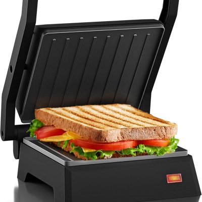 5.5x5.3" Compact Panini Press & Contact Grill, Black | Lightweight, Multifunctional - opens 180° flat - floating top-plate - cool-touch handle - nonstick surface