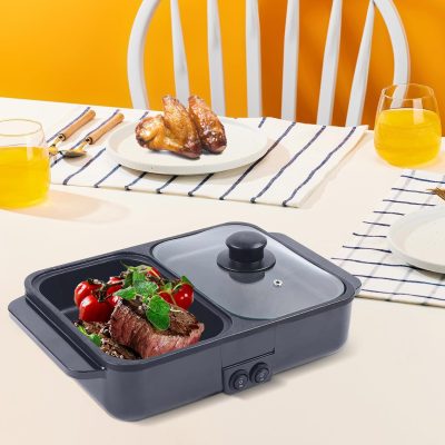 Hot Pot Grill 2-in-1 Electric Shabu Shabu Pot & Griddle Dual Temp Black | Dual independent temp controls, 1-2 serving size, smokeless indoor BBQ, lightweight portable, for dorm camping travel