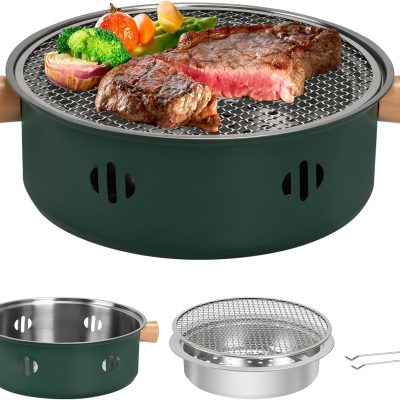 Portable Charcoal Barbecue Grill, 1pc Mini BBQ Grill Multifunctional Charcoal Grill Round Tabletop Charcoal Grill for Outdoor Cooking Home Party Picnic Camping (Green)