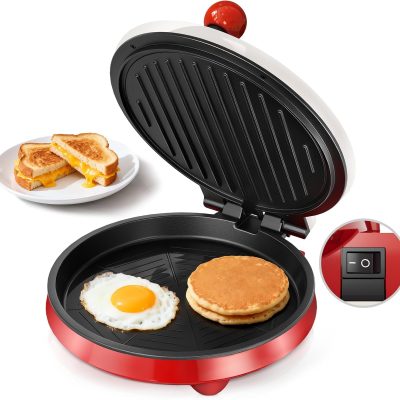 3-in1 Electric Griddle Nonstick & Sandwich Maker with On/Off Switch | 8" Round Griddle and Panini Press, 180° Open Design, Perfect for Pancakes, Omelets, Quesadillas, Veggies (Red/Beige)