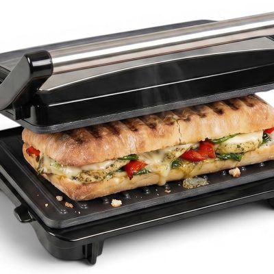 Electric Griddle Panini Press Sandwich Maker – Stainless Steel Panini Grill Press Sandwich Maker with Aluminum Griddle – Non-Stick Coating – 180-Degree Hinge for Thick and Thin Foods