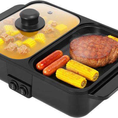 Hot Pot with Grill, 2 in 1 Indoor Non-stick Lazy Pot with Frying Pan | Independent Dual Temperature Control Portable Skillet for Steaks, Shabu Shabu, Noodles, Simmer and Fry