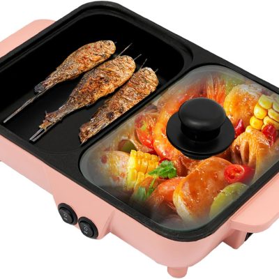 Electric Hot Pot with Grill, 2-in-1 Mini Ramen Cooker, Portable Nonstick Cooker with Dual Temperature Control, 1L Mini Hot Pot for Dorm, Soup, Frying, BBQ