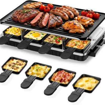 Electric Raclette Table Grill with 8 Warming Trays, 2-in-1 Korean BBQ Grill & Electric Griddle Nonstick, Adjustable Temperature Control,1300W, Great for Indoor Family Gatherings, Parties & Dining