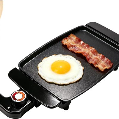 Small Electric Griddle, 10 Inch Mini Ceramic Non-Stick Electric Skillet with Adjustable Thermostat, 1200W Single Serve Grill for Breakfast, Cooking for Pancakes, Eggs, Sausage