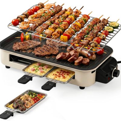 Electric Indoor Grill 1500w, 2 in 1 Smokeless Indoor Grills with Non-Stick Griddle Plate & Grill Net, Korean BBQ Grill with 3 Individual Mini Trays, Temperature Control, Dishwasher Safe