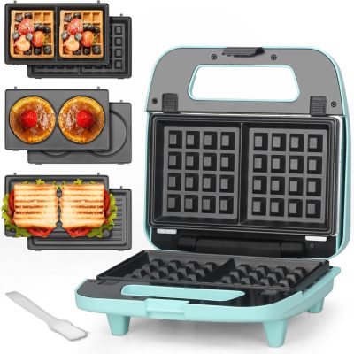 3 in 1 Mini Waffle Maker with Removable Plates, Mini Pancake Maker, Grilled Cheese Maker, Breakfast Sandwich Maker Press, Indoor Grill, Belgian Waffle Maker, Aqua