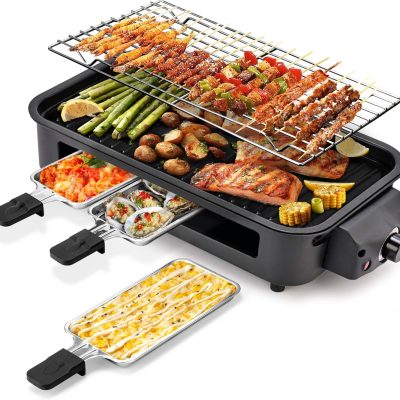 Electric Indoor Grill,2 in 1 Indoor Grills for Kitchen | Smokeless Grill Net & Non-Stick Cooking Removable Plate, Temperature Control, Dishwasher Safe, 1700W Black