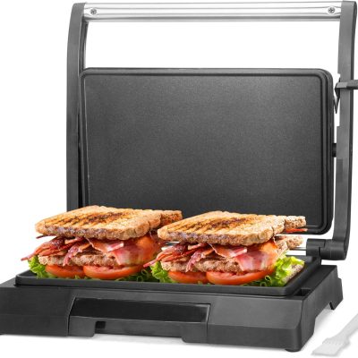 Mini Panini Press Electric Griddle, 2 Slices of Panini Grill Press Sandwich Maker Press, Sandwichera Electrical for Pancakes & Eggs, Oil Tray, Non Stick Surfaces, Stainless Steel